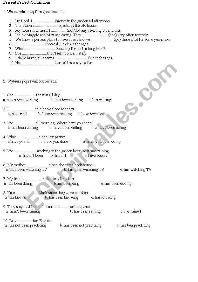 present perfect cont worksheet