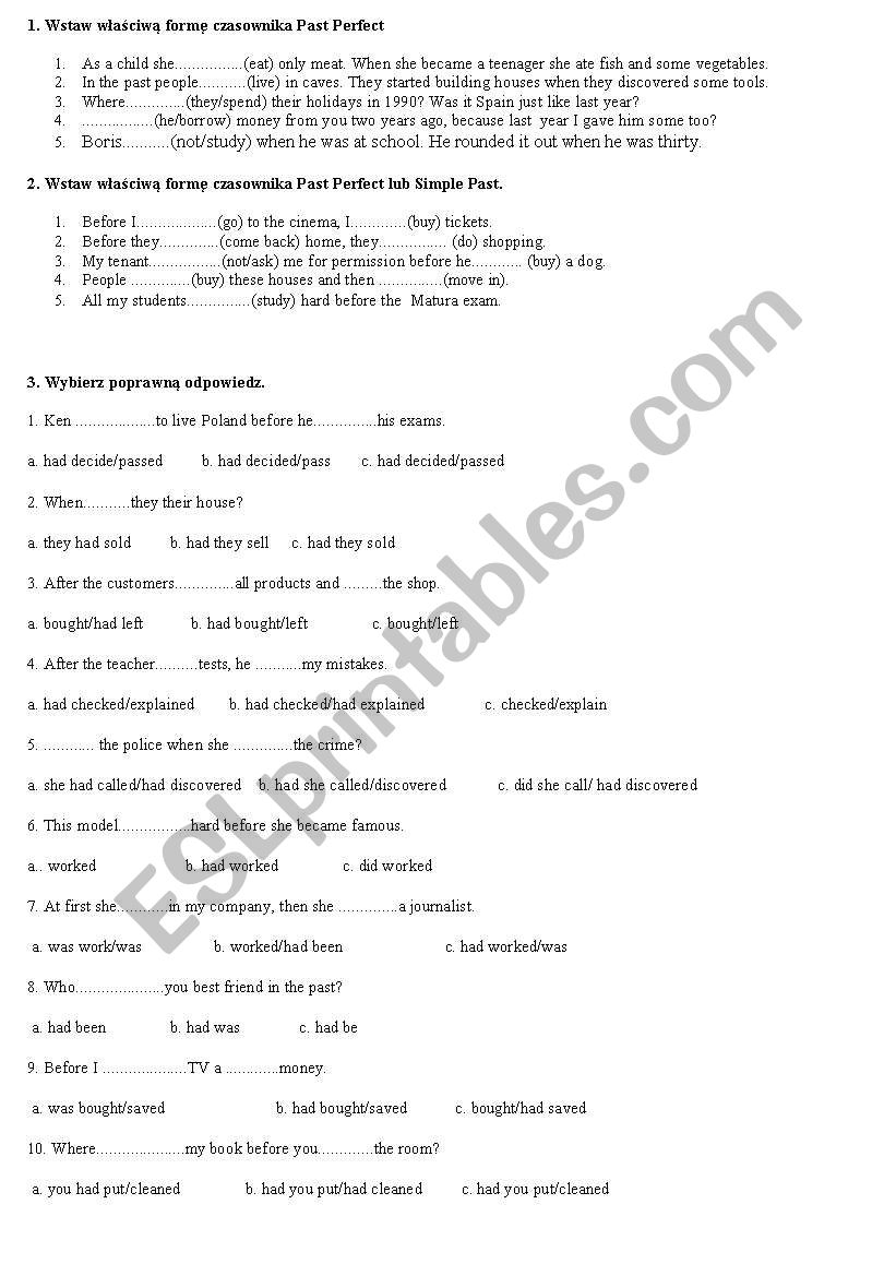 past perfect, past simple, worksheet
