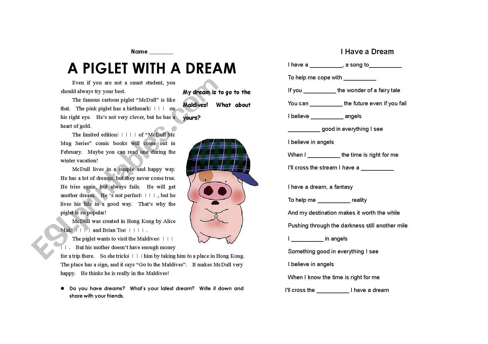 A PIGLET WITH A DREAM worksheet