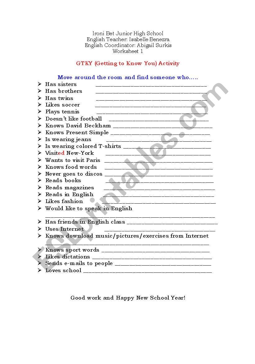 Getting to know you activity worksheet