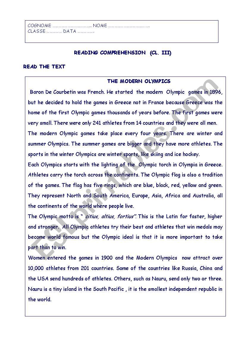 The Modern Olympic Games worksheet