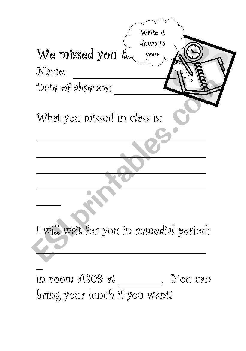 we missed you today worksheet