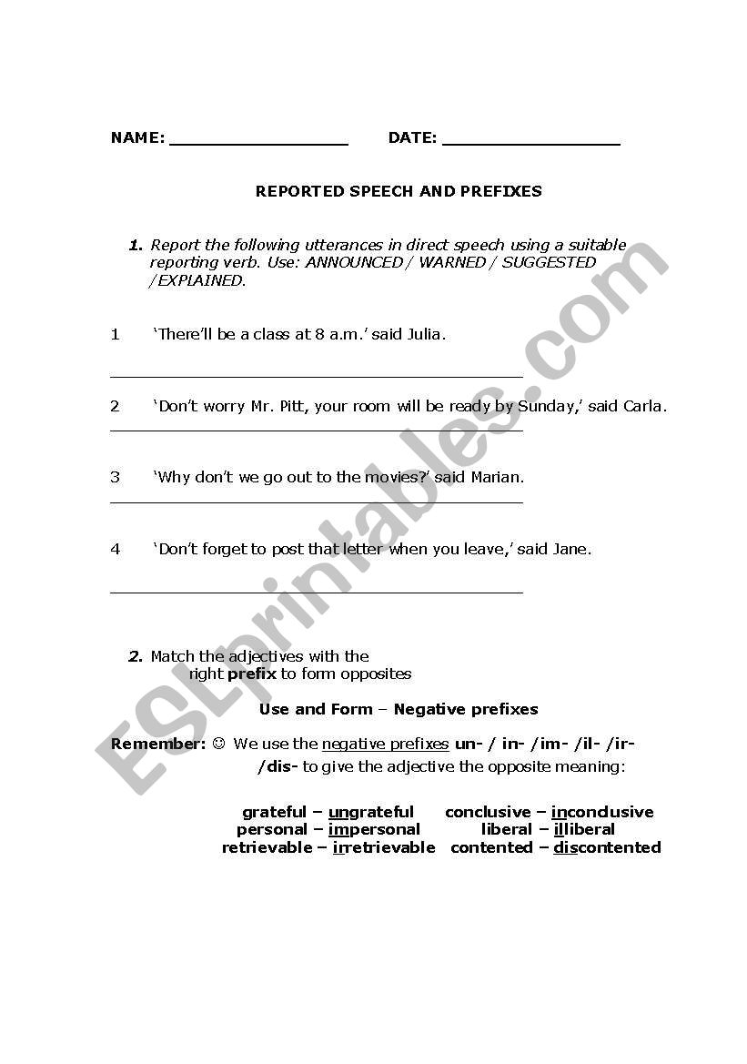 reporting verbs vs prefixes worksheet