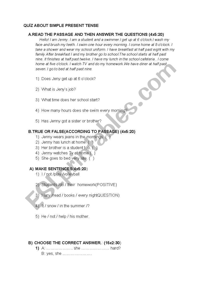smple present tense worksheet