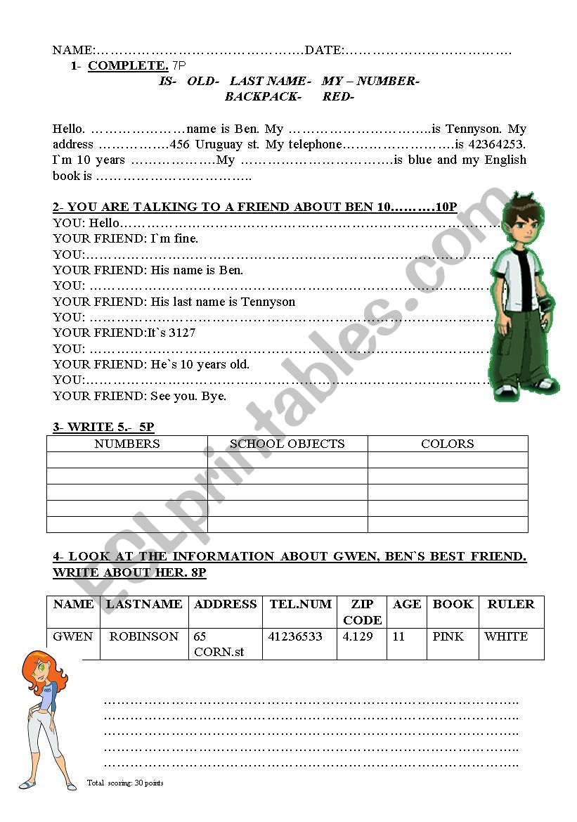 personal information-  worksheet