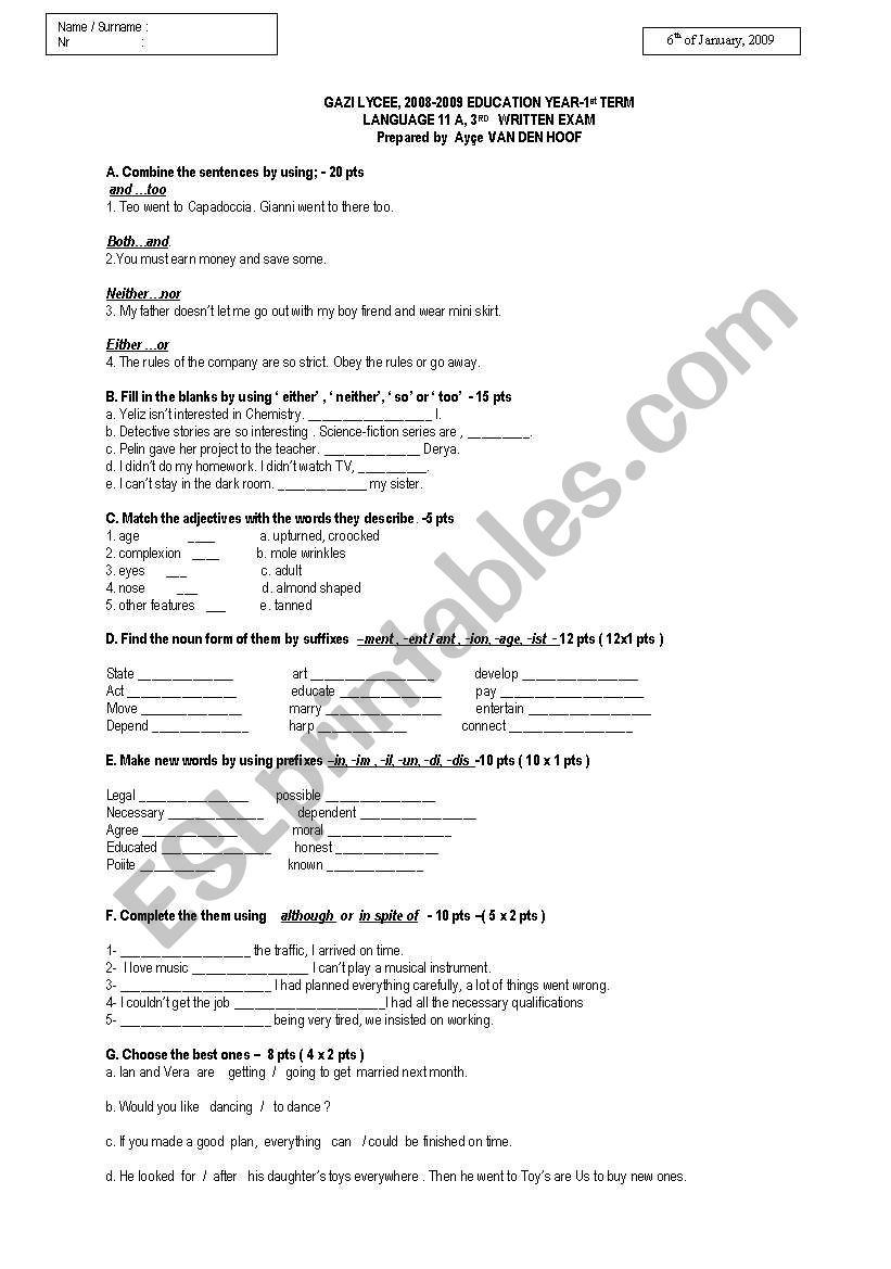 Pop Quiz 3 for level 11th  worksheet