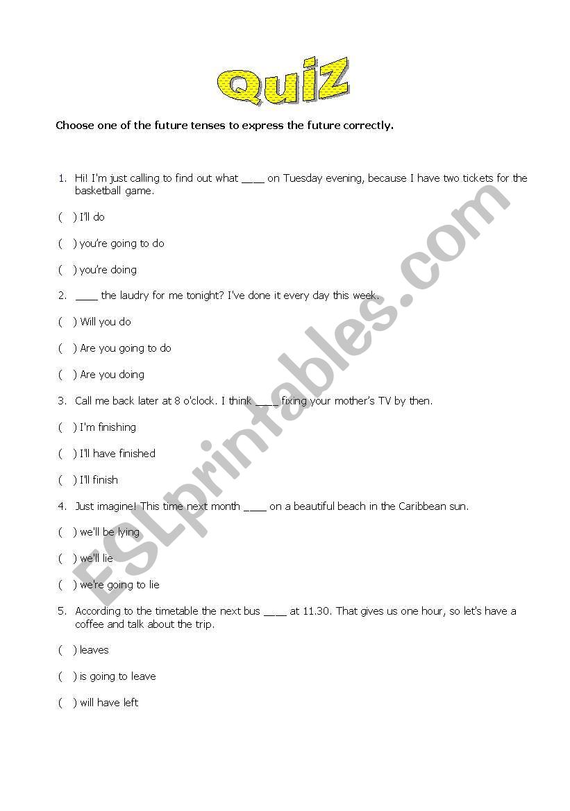 quiz on future tenses worksheet