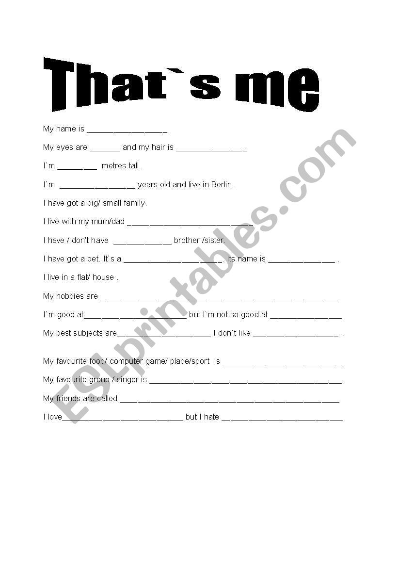 All about me worksheet