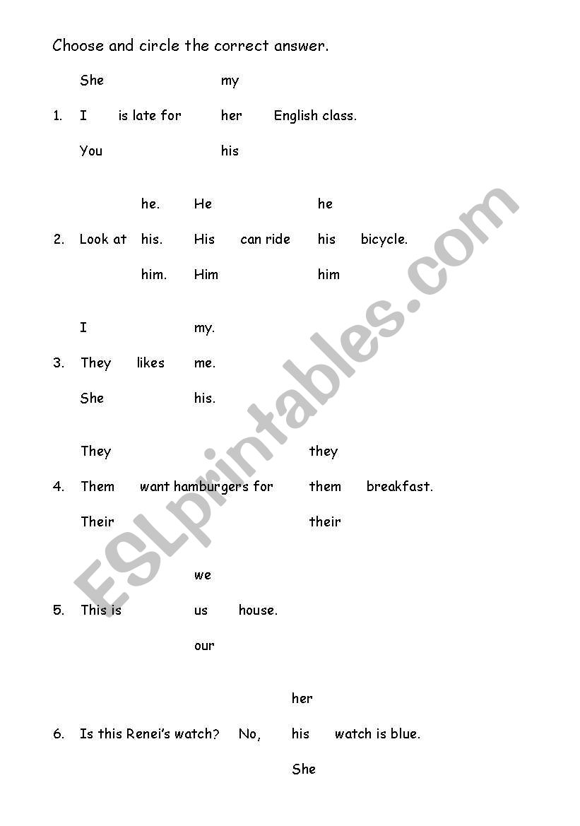 Multiple Choice (Pronouns) worksheet