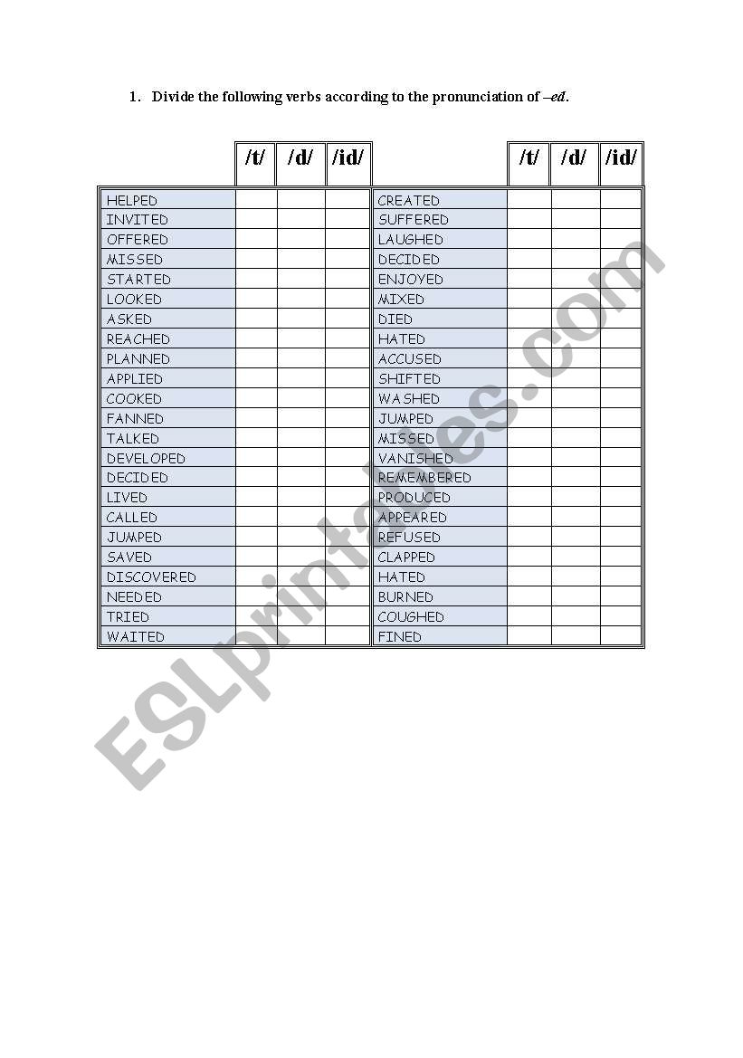 ED pronunciation practice worksheet