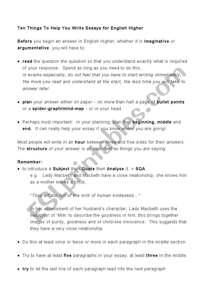 Study tips for english Higher worksheet