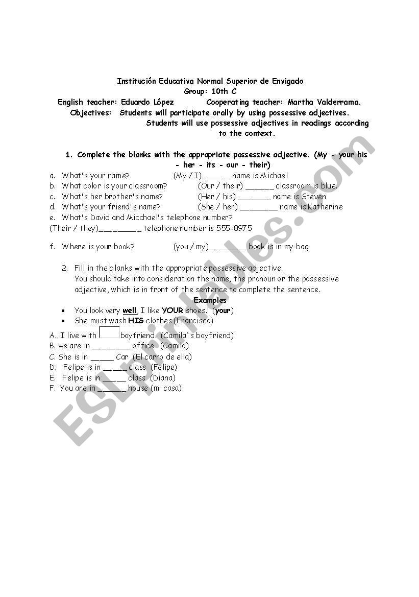 Possessive adjectives worksheet