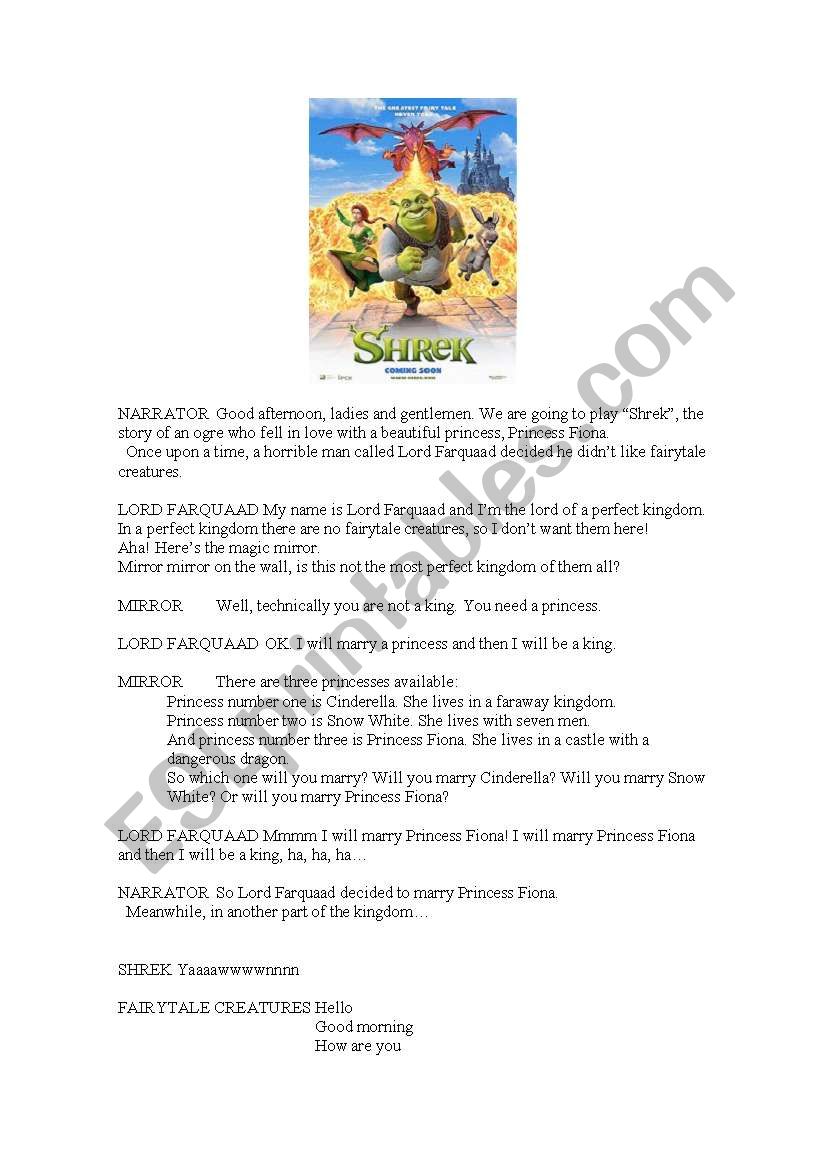 Shrek mini play worksheet