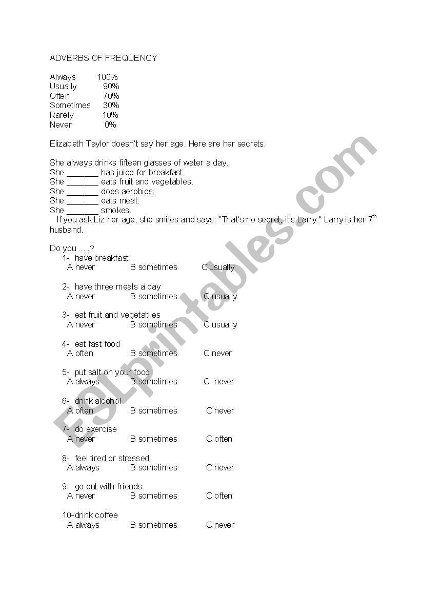 Adverbs of frequency worksheet