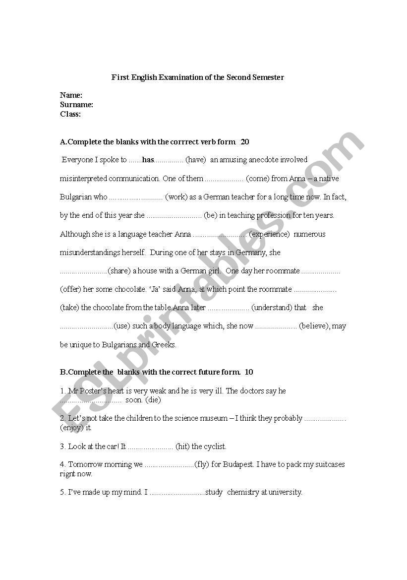 Examination worksheet