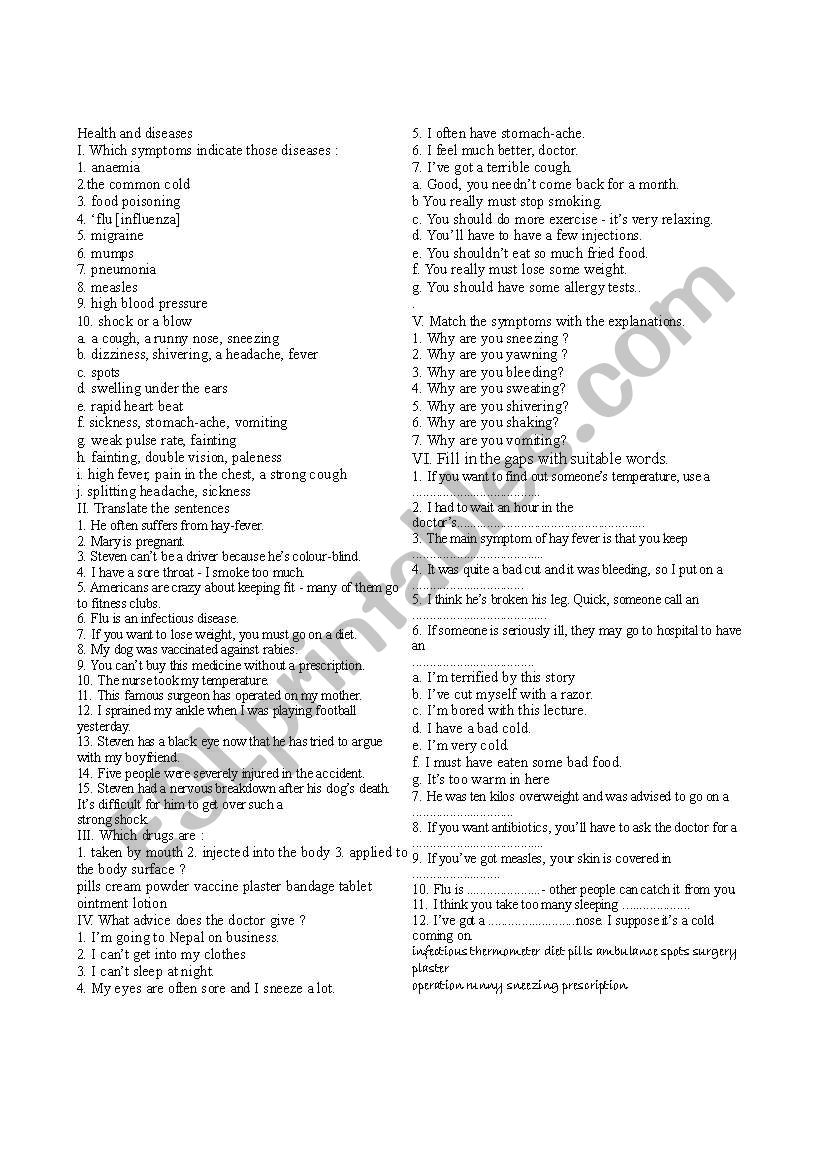 health and diseases worksheet