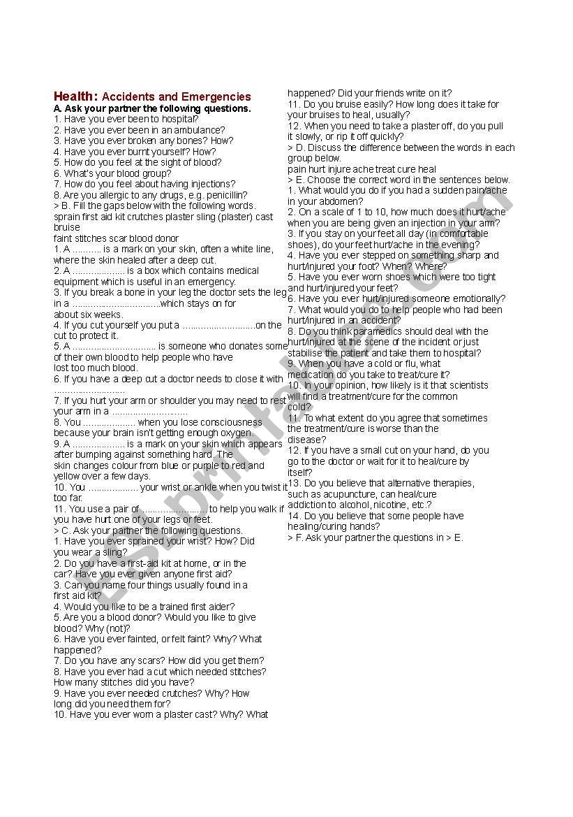 accidents and emergencies worksheet