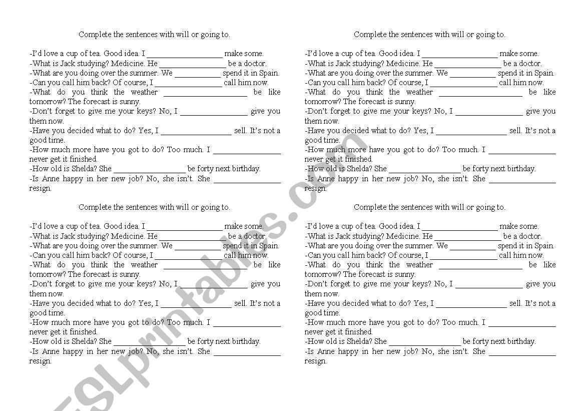 Will or Going to worksheet