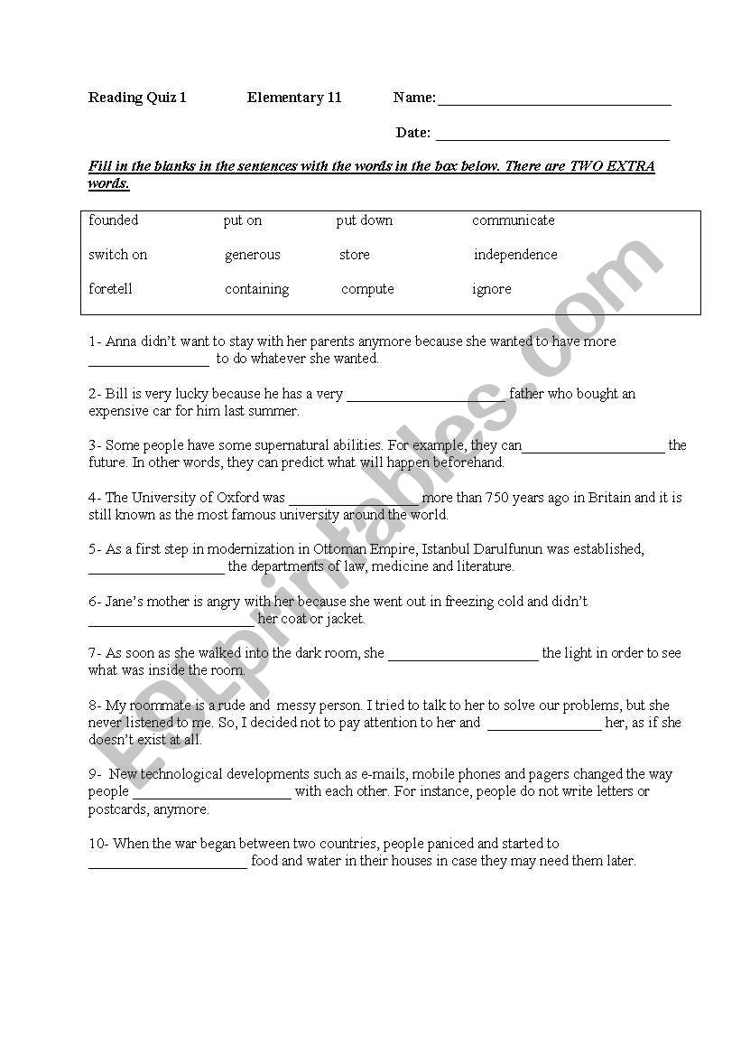 reading quiz worksheet