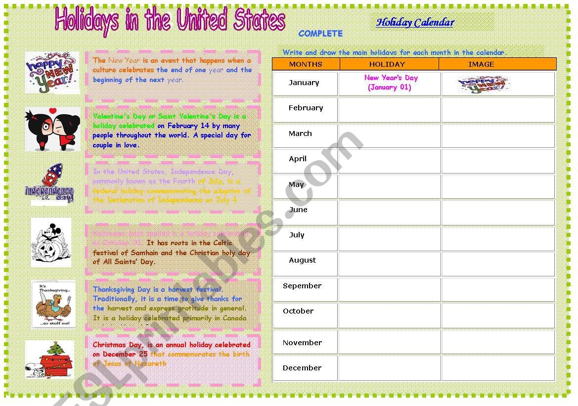 Holidays worksheet