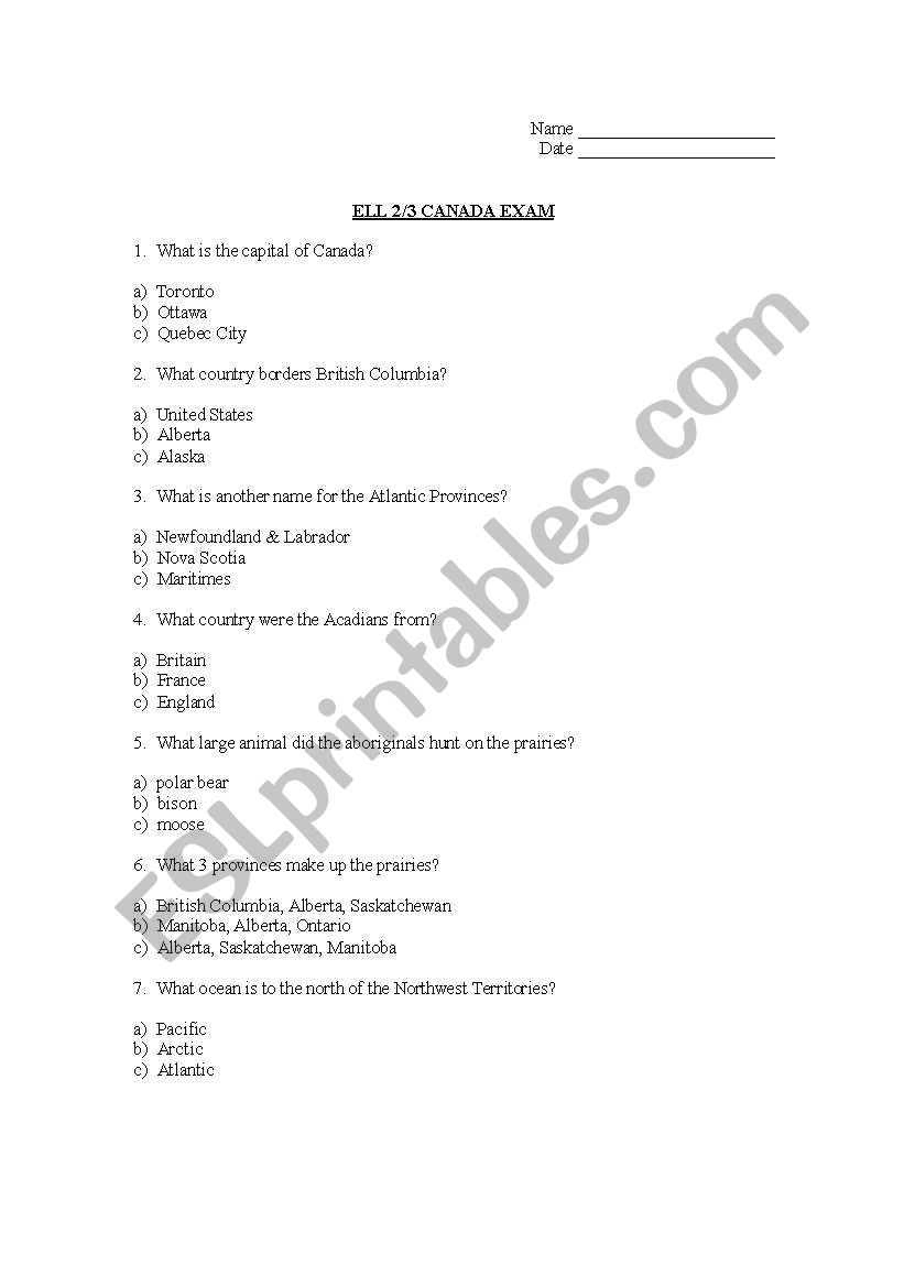 Canada Exam (multiple choice) worksheet