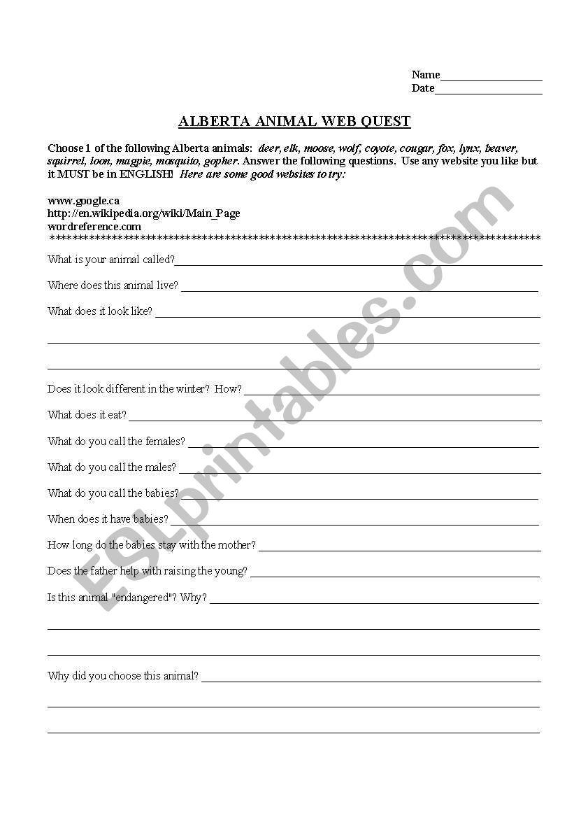 Alberta Animal WebQuest worksheet