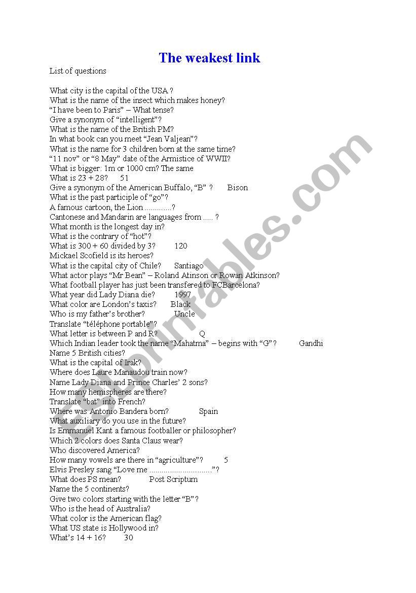 The Weakest Link Questions Esl Worksheet By Melkais