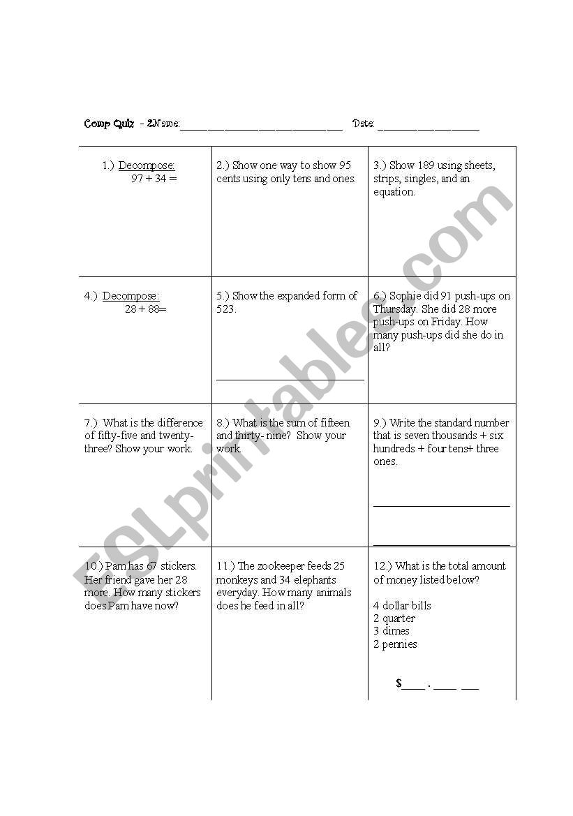 Addition Strategy Quiz worksheet