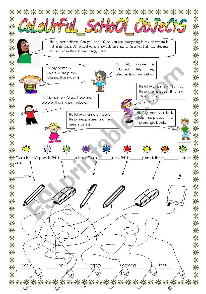Colorful school objects worksheet
