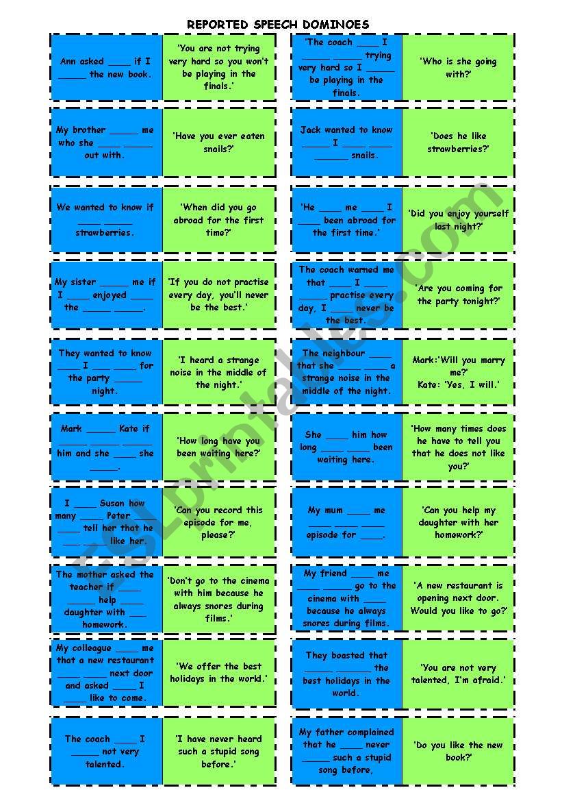REPORTED SPEECH DOMINOES - with gaps, BLACK and WHITE version included, FULLY EDITABLE