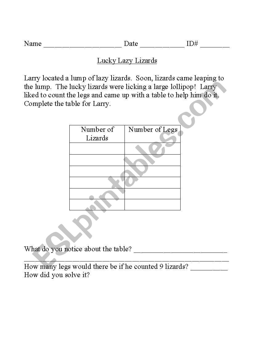 Lucky Lazy Lizards worksheet