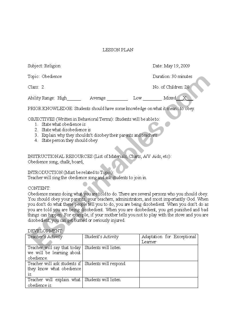 Lesson Plan On Obedience worksheet