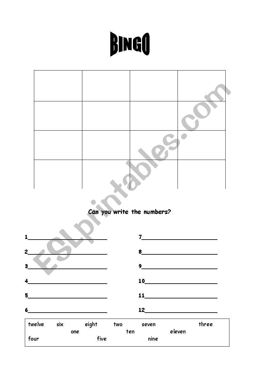 Numbers 1-12, bingo sheet and writing exercise