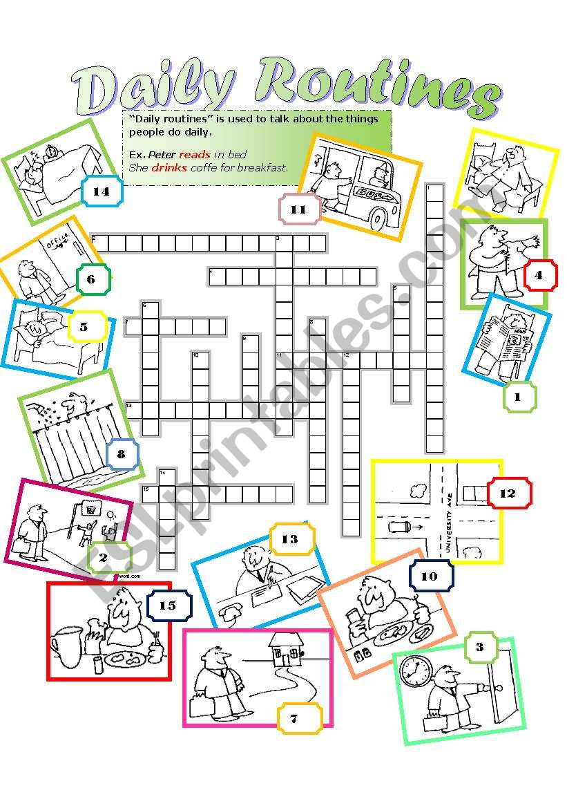 DAILY ROUTINE Crossword. Students identify the pictures with the correct action. {i.e. daily routine} and write it in the CW
