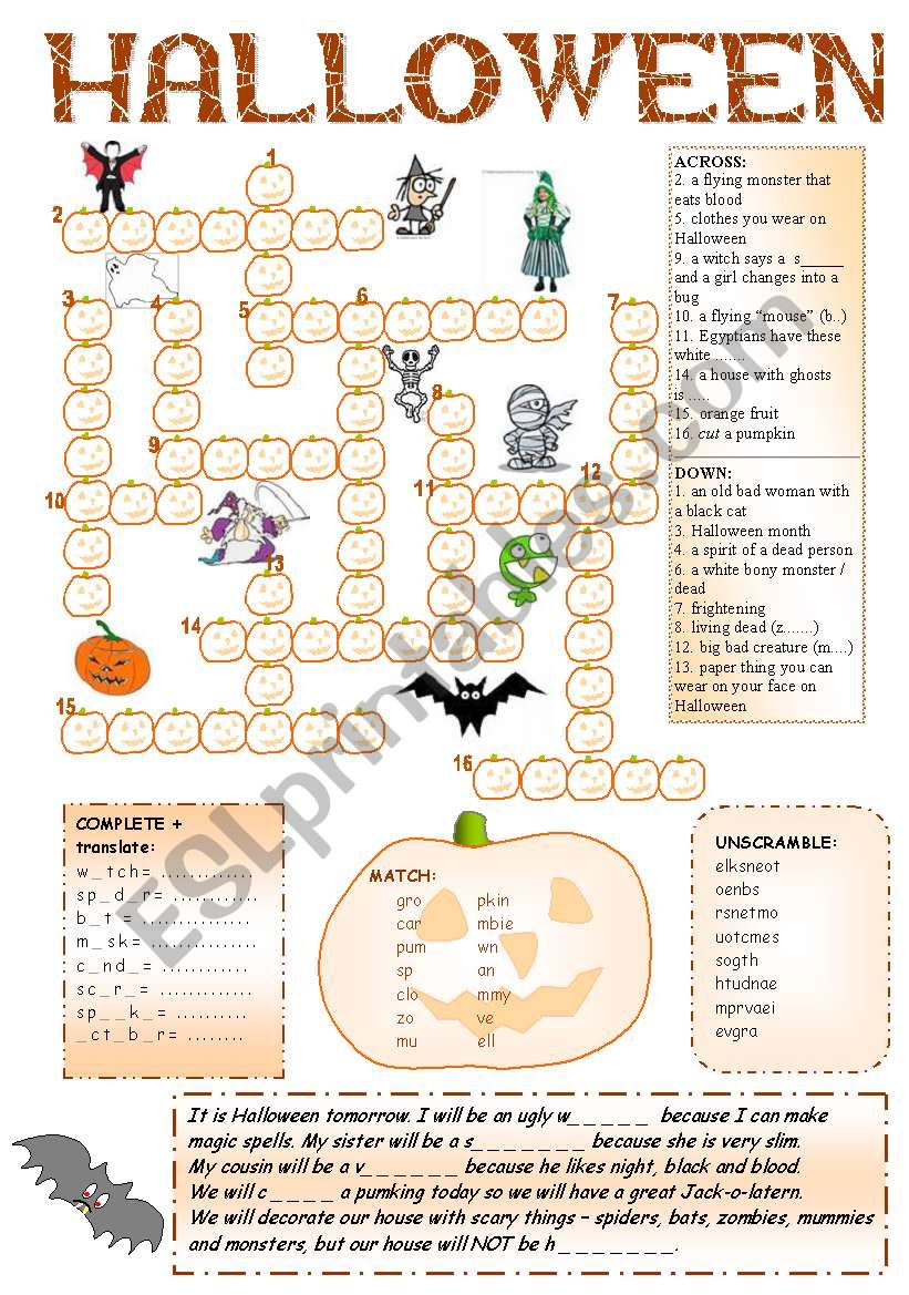 Halloween Fun + Pumpkin Crossword + 8 activities + BW + CW for older + BOOKMARKS + 6 game rules + KEY ((6_PAGES)) -  A2 level