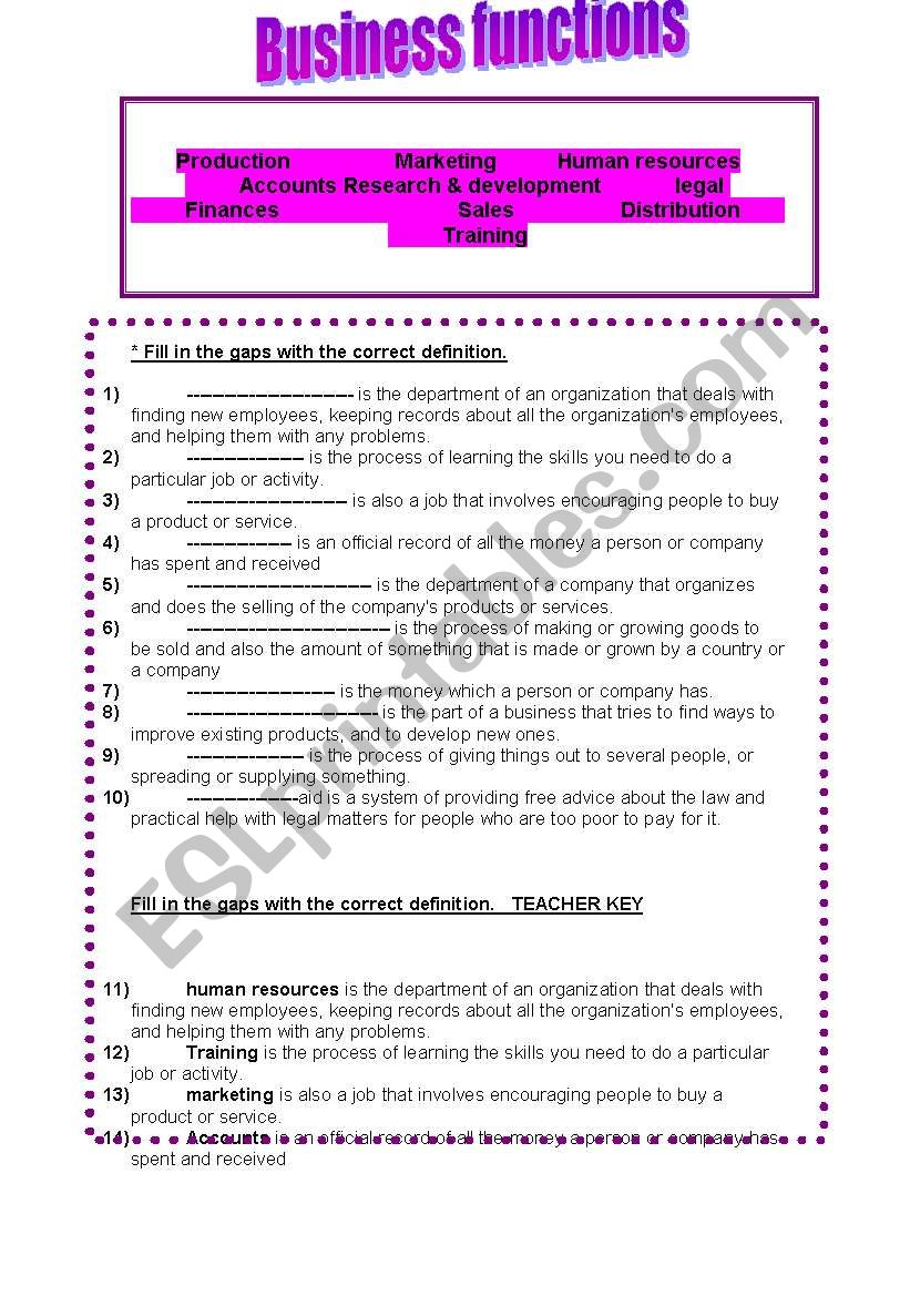 Business functions (+ key) worksheet