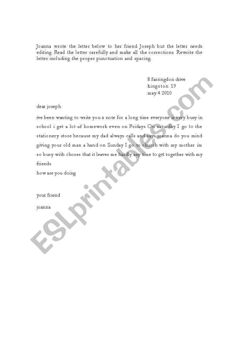 Editing a friendly letter worksheet