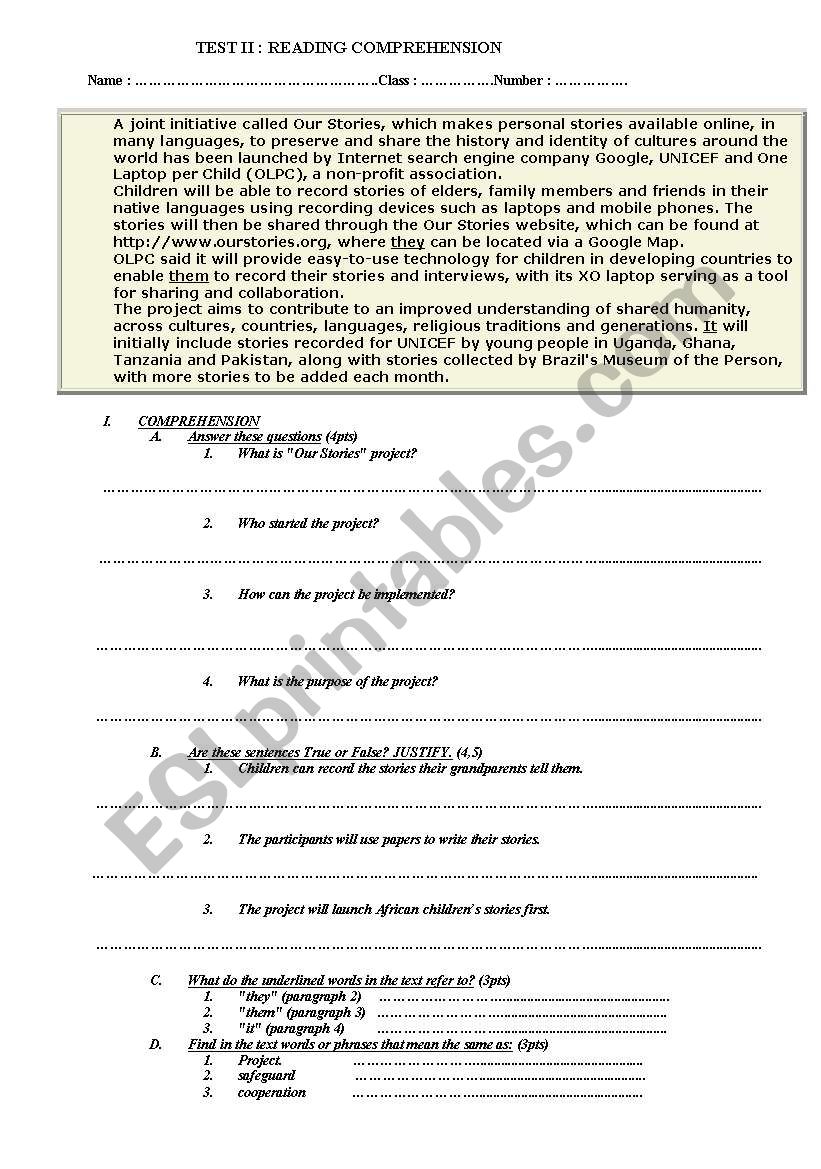 Reading comprehension test worksheet