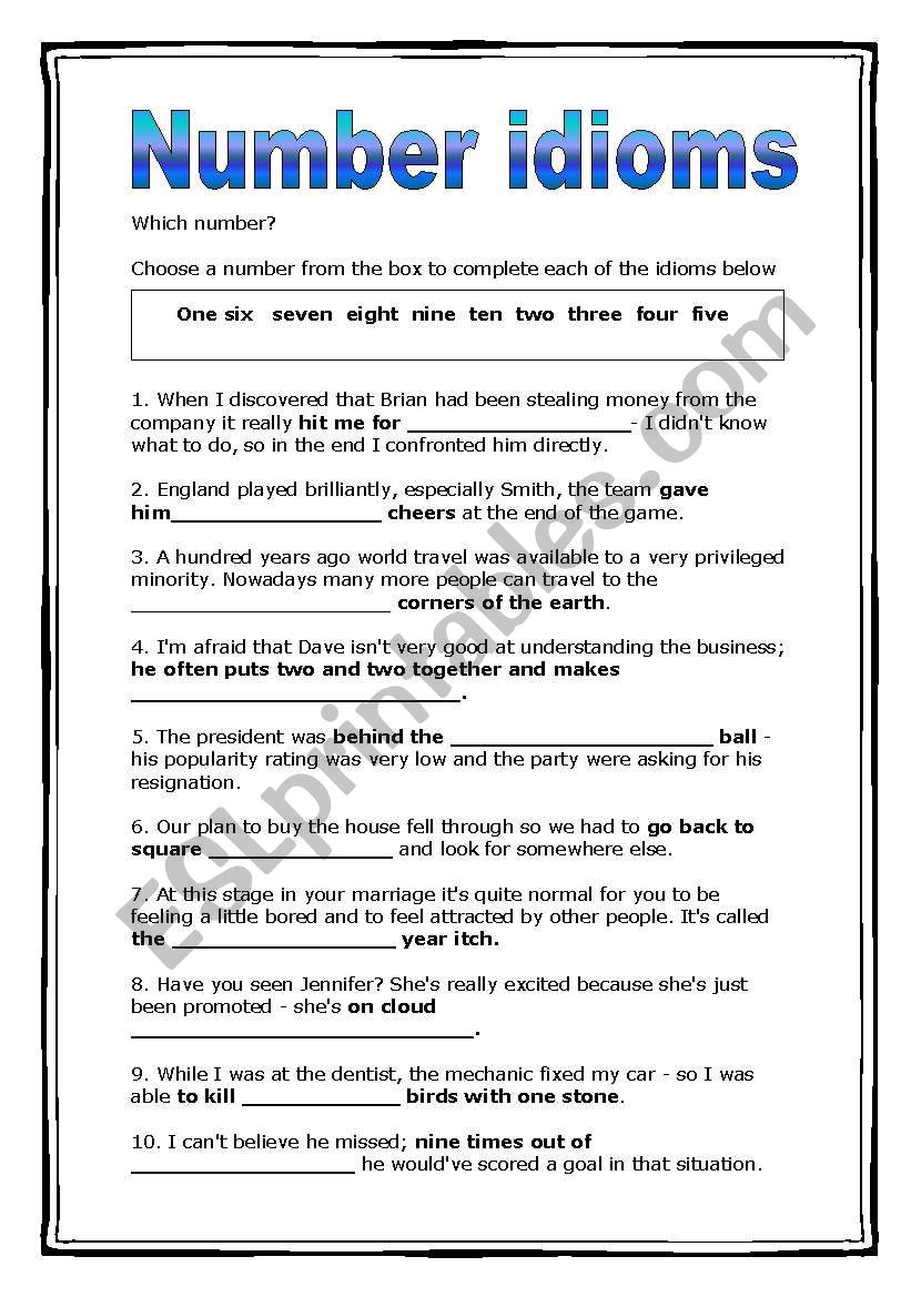 Number idioms worksheet