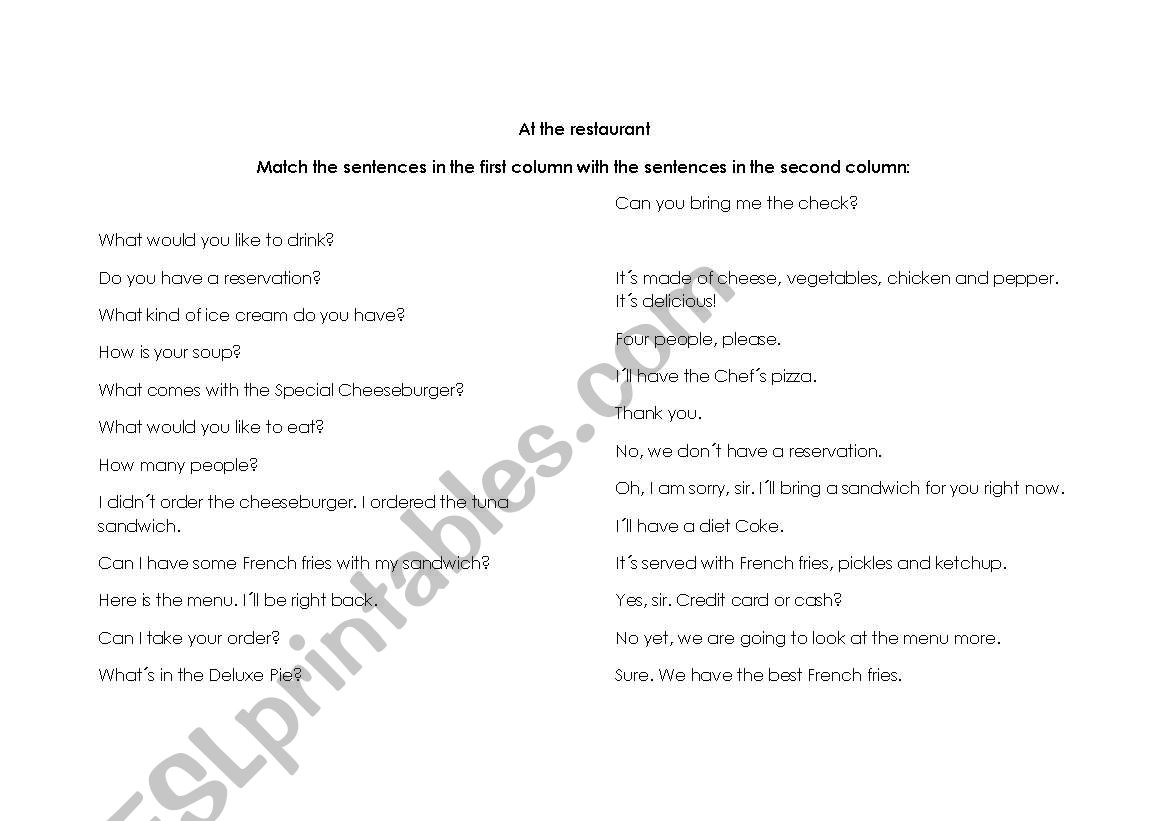 At the restaurant worksheet