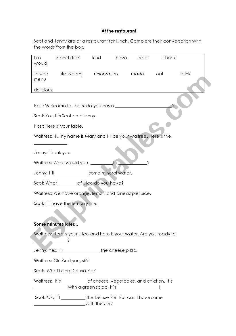 Fill in the blanks - at the restaurant