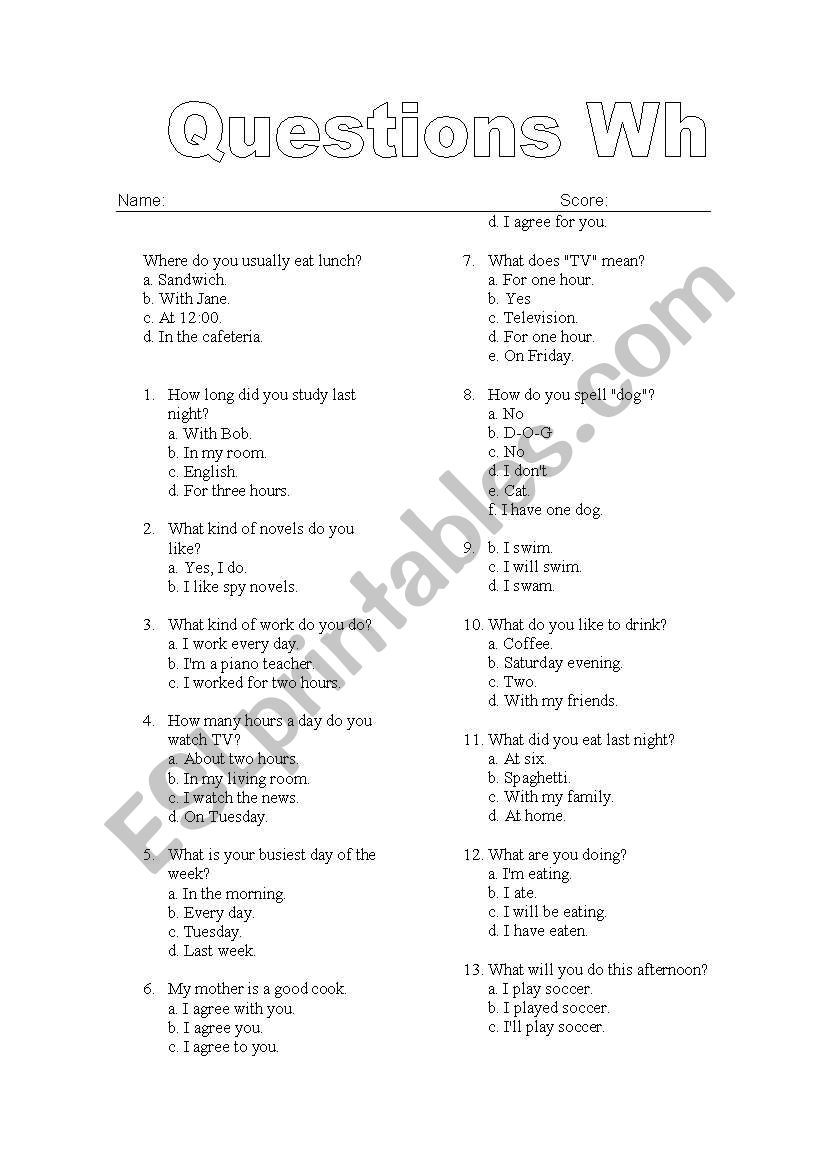 Questions wh worksheet