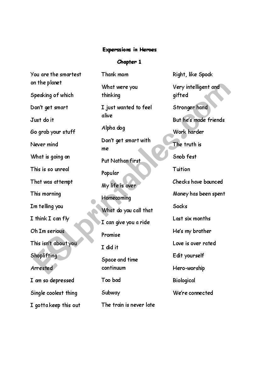 Expessions in Hereos worksheet