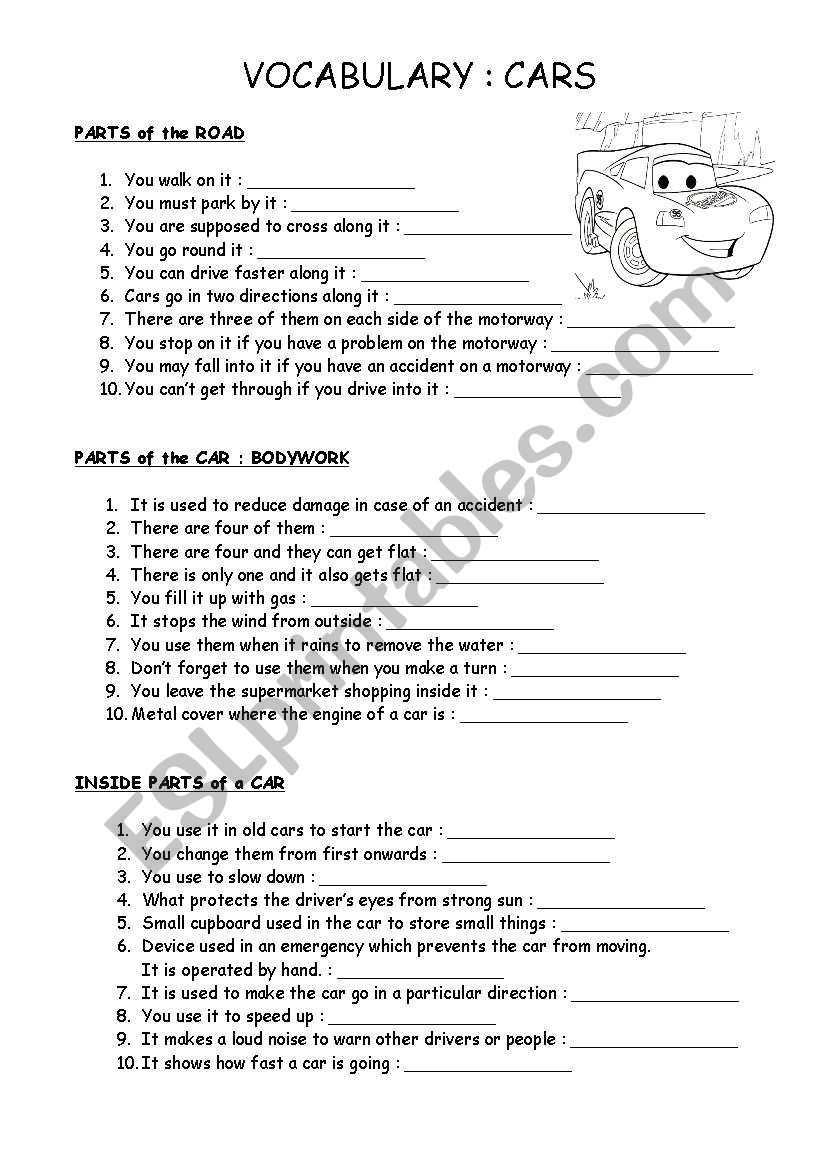 CARS : Vocanulary exercise worksheet