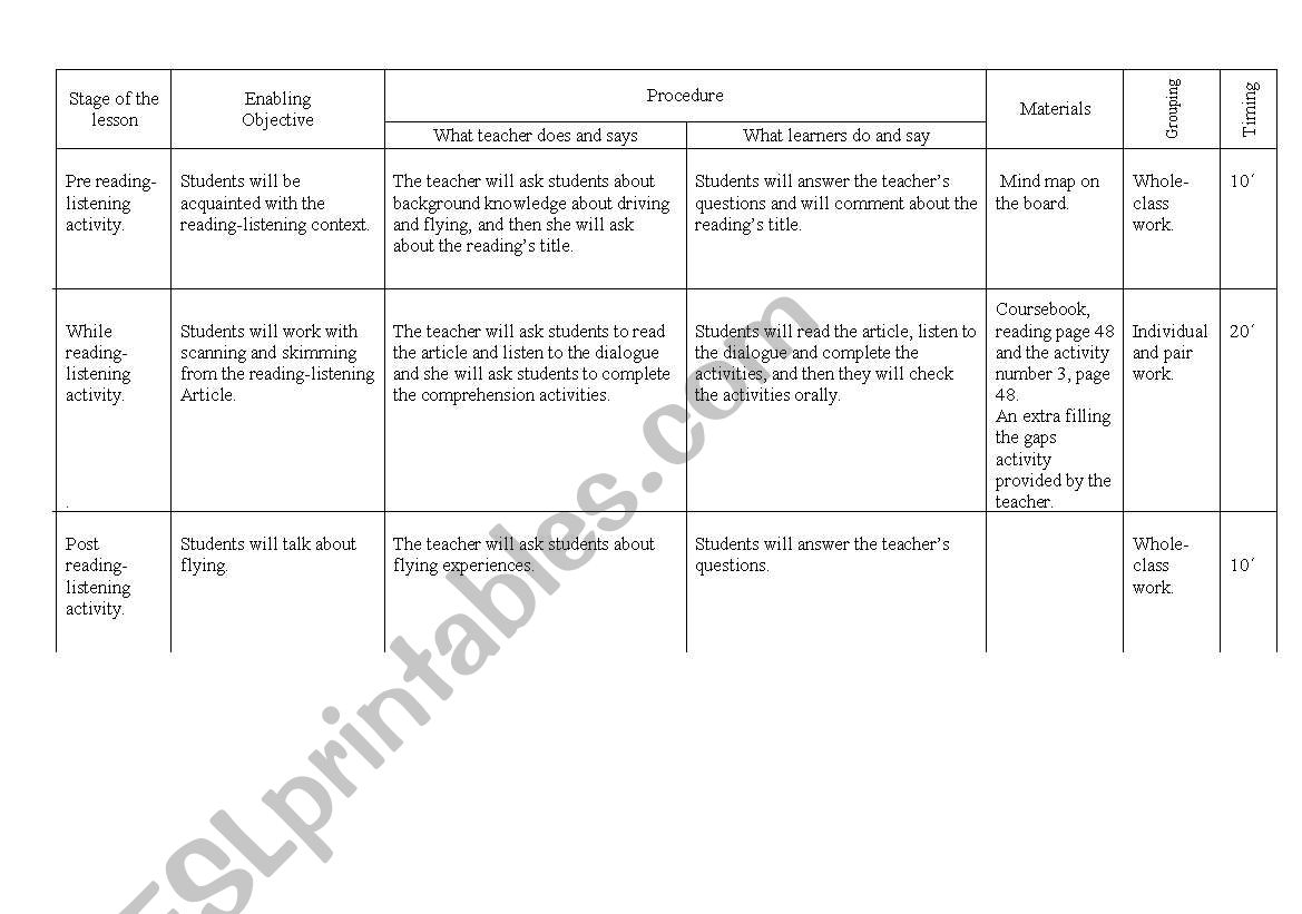 listening reading plann worksheet