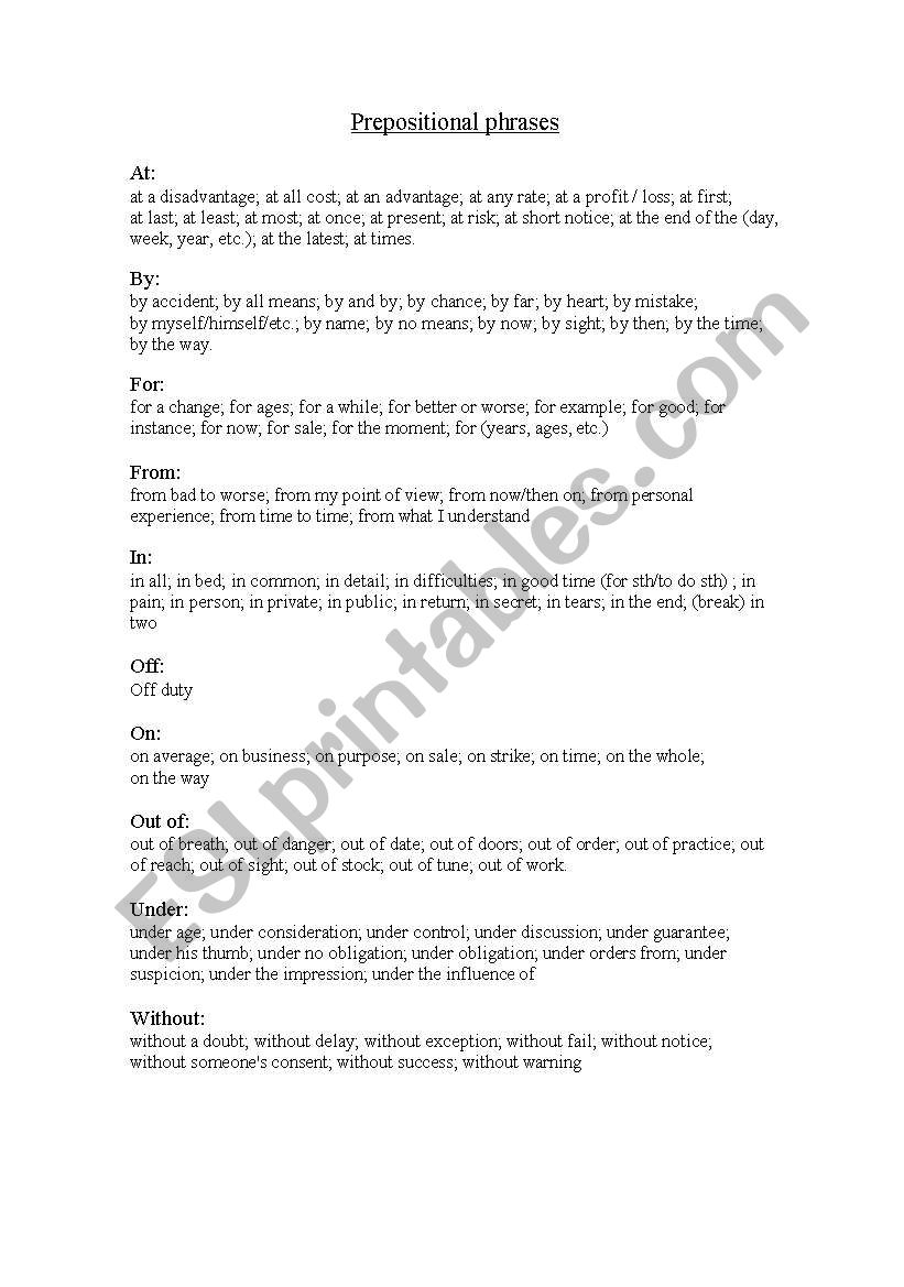 Prepositional phrases worksheet