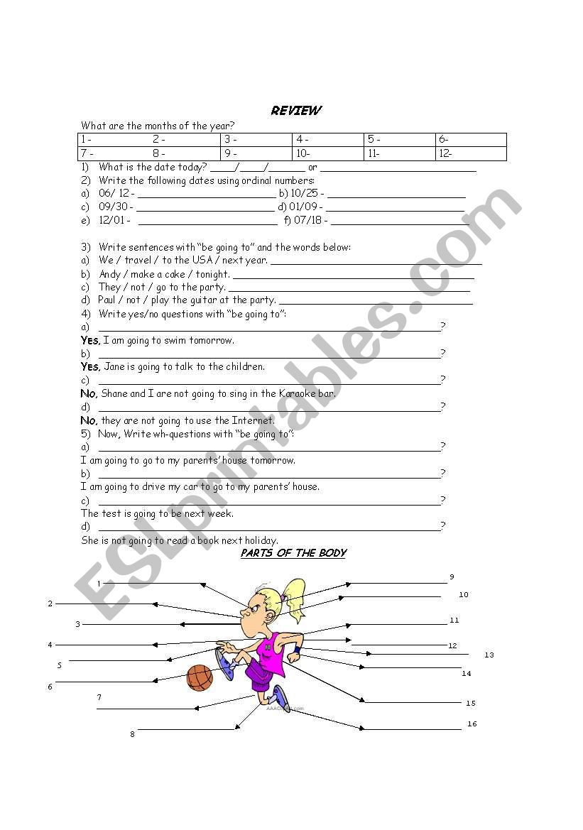 BODY PARTS, FUTURE GOING TO, ORDINAL NUMBERS, MONTHS, HEALTH PROBLEMS