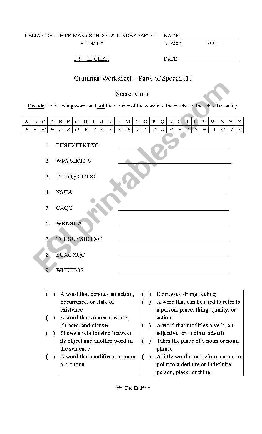 part of speech worksheet worksheet