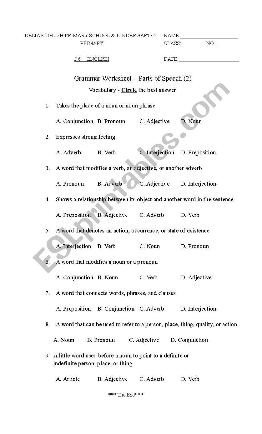 part of speech worksheet 2 worksheet