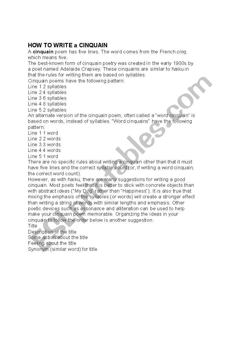 how to write a CINQUAIN worksheet